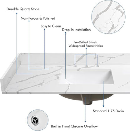 42 in.W x 22 in.D Quartz Calacatta River Vanity Top,with Undermount Middle Sink Vanity Top,with Two Sidesplash & One Backsplash,8 Inch Faucet Hole Spread Bathroom Vanity Sink Countertop
