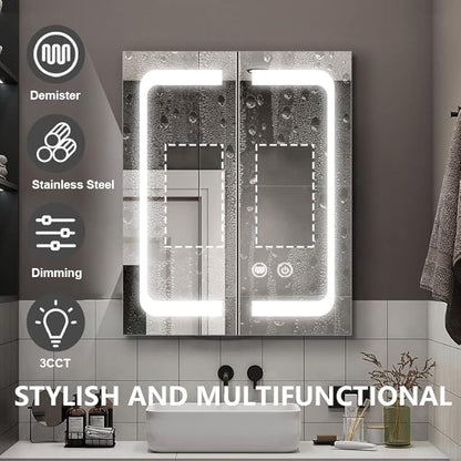 24 Inch X 28 Inch Illuminated Led Mirror Cabinet for Bathroom Stainless Steel Wall Mounted Medicine Cabinet with Double Touch Switches for Clor Change, Dimmer and Anti-Fog Function