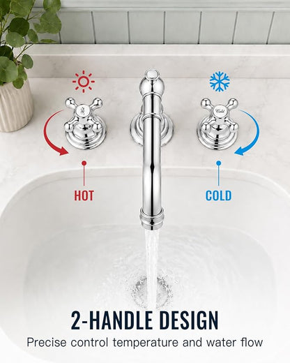 gotonovo Bathroom Faucet 3 Hole Vintage, Polish Chrome, Script Font Label | Widespread Bathroom Sink Faucet 8 Inch 2 Cross Handles,Pop Up Drain,cUPC Supply Line,4-15.7” Install,for Vanity Farmhouse RV