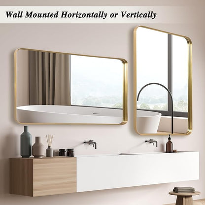 Anpark Wall Mirror 24" x 36" Gold Metal Deep Frame Mirror for Wall Decorative Rectangular Round Corner Wall Mounted Vanity Mirror for Bathroom Living Room Bedroom Entryway Wall Decor