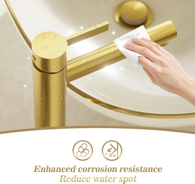 Brushed Gold One Hole High Bathroom Vessel Sink Faucet, Single Hole Single Handle Tall Bathroom Faucet, with Pop Up Drain and Water Supply Line,FH01-BG-V