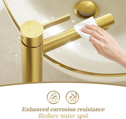 Brushed Gold One Hole High Bathroom Vessel Sink Faucet, Single Hole Single Handle Tall Bathroom Faucet, with Pop Up Drain and Water Supply Line,FH01-BG-V
