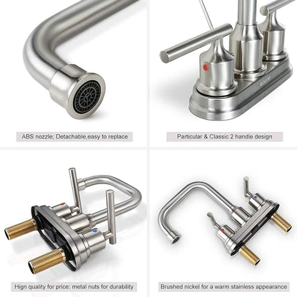 WOWOW Centerset Bathroom Faucet Brushed Nickel: 4 Inch Bathroom Sink Faucets with Lift Rod Drain Assembly Vanity Faucet 2 Handle High Arc Taps Modern