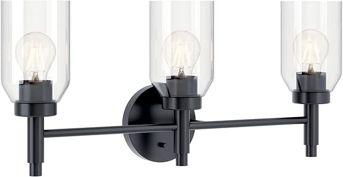 Kichler Madden 3-Light Vanity with Clear Glass in Black, Sloped Ceiling Compatible, for Single Vanity in Bathroom (10.5" x 24"), 55185BK