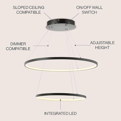 JONATHAN Y 24" Matte Black Modern Integrated LED Pendant Light, Dimmable Round Hoop Chandelier for Kitchen Island, Dining Room, Adjustable Height Metal Hanging Light (JYL7204A)
