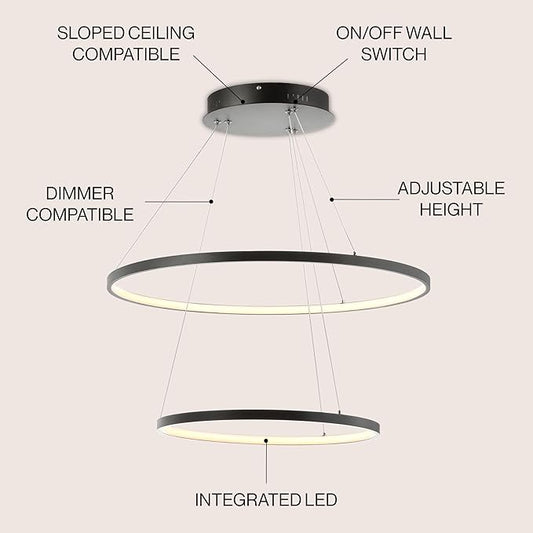 JONATHAN Y 24" Matte Black Modern Integrated LED Pendant Light, Dimmable Round Hoop Chandelier for Kitchen Island, Dining Room, Adjustable Height Metal Hanging Light (JYL7204A)