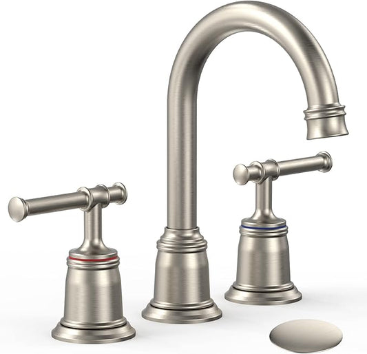 Classical Bathroom faucets for Sink 3 Holes, 8 inch Bathroom Faucet, Widespread Brushed Nickel Bathroom Faucet with Pop Up Drain and cUPC Lead-Free Hose (Brushed Nickel)