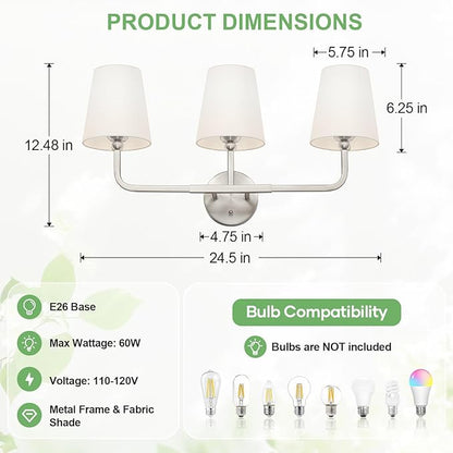 Bathroom Light Fixtures, 3-Light Brushed Nickel Vanity Lights, Bathroom Lighting Fixtures Over Mirror with Flared White Fabric Shade, Modern Wall Sconces for Living Room Hallway