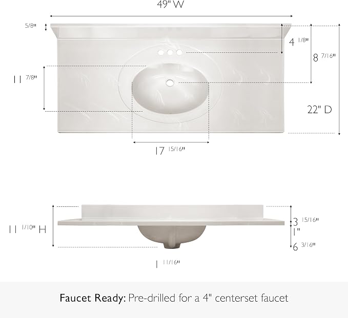 Design House Cultured Marble Vanity Top, 49 in W x 22 in D, Integrated 4 in Centerset Oval Sink & Backsplash, Ivory Swirl, 586347 | With Backsplash, , Countertop, Classic, Cultured Marble, Bath, 586347