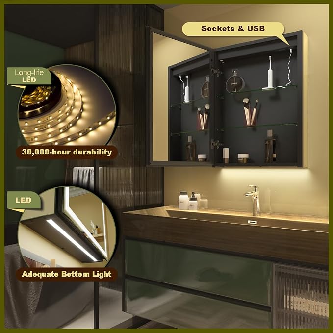 20 * 28 Left Hinge LED Bathroom Mirror Cabinet, Aluminum Medicine Cabinet | Light Adjustable, Sockets & USBs inside, Anti-Fog, Easy to Install