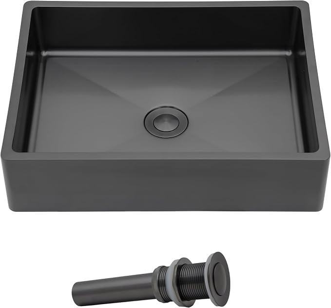 16"x12" Bathroom Vessel Sink Rectangular - Gunmetal Black NANO-PVD, 16 Gauge 304 Stainless Steel, Above Counter Rectangle Modern Vanity Lavatory Bath Sink Basin