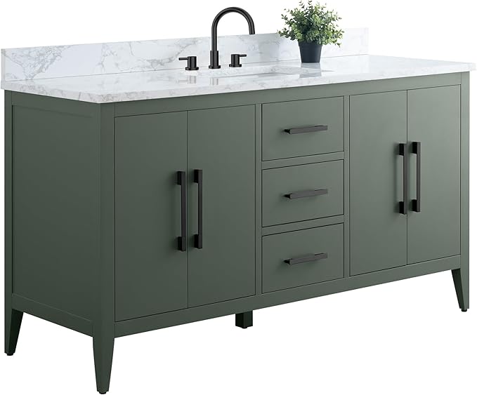 HomeBeyond 60 Inch Bathroom Vanity with Sink & Ceramic Top, Single Vanity Cabinet with Basin, Soft-Closing Doors & Matte Black Hardware, Vintage Green