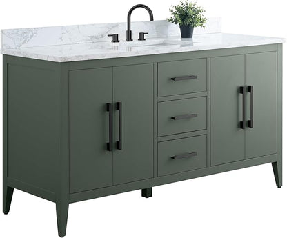 HomeBeyond 60 Inch Bathroom Vanity with Sink & Ceramic Top, Single Vanity Cabinet with Basin, Soft-Closing Doors & Matte Black Hardware, Vintage Green