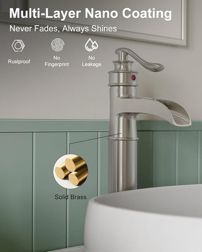 BWE Waterfall Vessel Sink Faucet Brushed Nickel Bathroom Faucet Single Handle Tall Single Hole Bathroom Sink Faucet Commercial Mixer Tap with Pop Up Drain Assembly and Supply Line