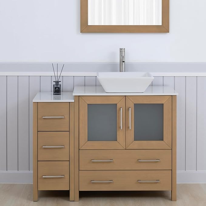 Vanity Art 42 Inch Vessel Single Sink Bathroom Vanity Cabinet with 1 Mirror, Engineered Marble Top Bathroom Cabinet Compact Set with 5 Dovetail Drawers and Soft Closing Doors, VA3130-42NO
