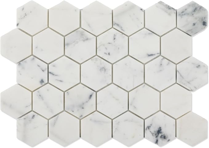 2 Inch Hexagon White Marble Mosaic Tile for Wall Floor, 5 Sheets | Water & Heat Resistant Honed Marble Backsplash Tiles for Kitchen Bathroom Fireplace Surround Durable Unique Veins 3.5SQFT