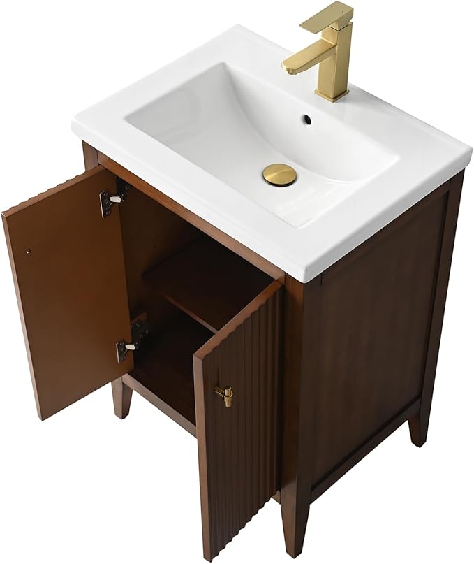 HOMEBEYOND 24" Bathroom Vanity with Ceramic Sink, Solid Wood Free-Standing Vanities Cabinet, Ceramic Top, Golden Brushed Handware & Soft Closing Door, Walnut