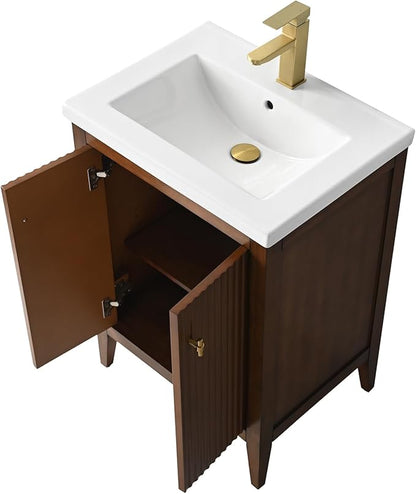 HOMEBEYOND 24" Bathroom Vanity with Ceramic Sink, Solid Wood Free-Standing Vanities Cabinet, Ceramic Top, Golden Brushed Handware & Soft Closing Door, Walnut