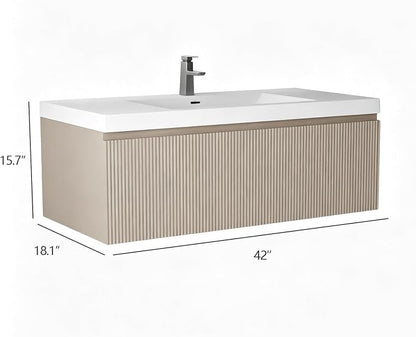 42 Inch Floating Bathroom Vanity with Sink, Wall-Mounted Striped Storage Cabinet with Soft-Close Drawer, Glossy White Solid Surface Basin, Fully Assembled, Natural Oak Finish
