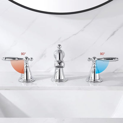 RKF Bathroom Faucets for Sink 3 Chrome 8 inch Widespread Bathroom Sink Faucet with Drain Double Lever Handle Faucet Bathroom Vanity Faucet Basin Mixer Tap WF013-C