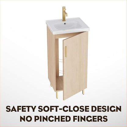 Pre-Assembled 16 Inch Small Bathroom Vanity, Freestanding Oak Bathroom Cabinet with Ceramic Sink, Soft-Close Door, No Faucet,BV05-16-OAK-JH