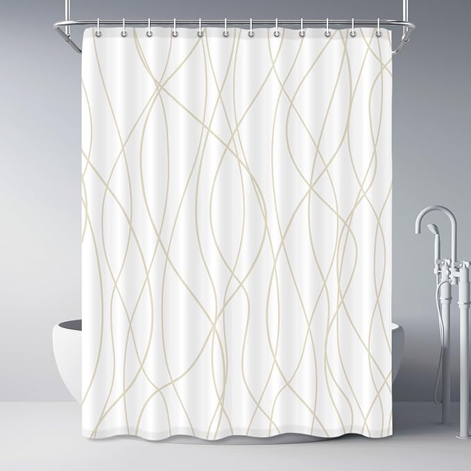 Striped Shower Curtain for Bathroom, Beige Khaki, 72" W x 84" L | with Hooks, Modern Hotel Style, Water Repellent, Washable, Weighted Hem
