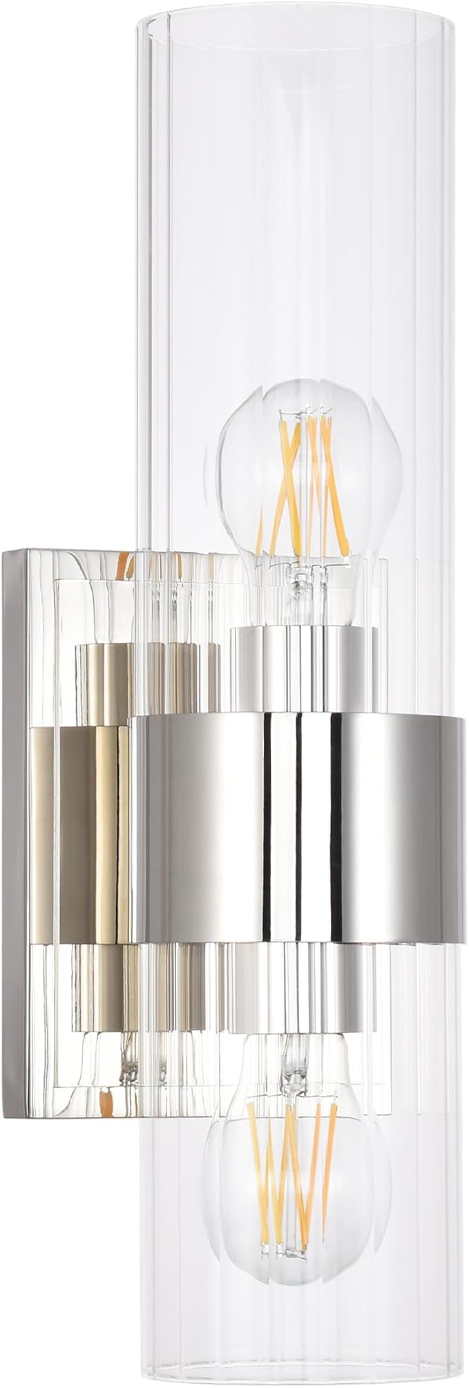 Modern Bathroom Sconces Wall Lighting with Clear Ribbed Glass, Polished Nickel 2-Light Bathroom Vanity Light Fixtures for Mirror Living Room Hallway Bedroom