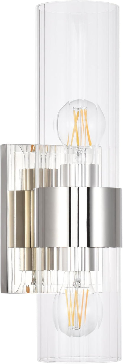 Modern Bathroom Sconces Wall Lighting with Clear Ribbed Glass, Polished Nickel 2-Light Bathroom Vanity Light Fixtures for Mirror Living Room Hallway Bedroom