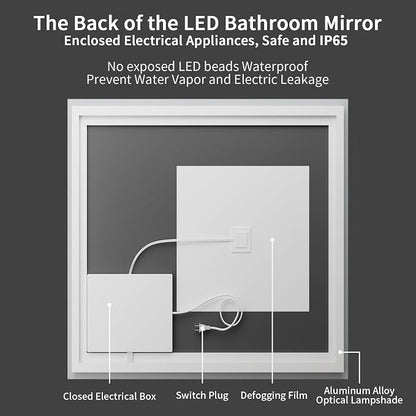Koonmi 40x40 LED Bathroom Mirror, Shatterproof Mirror with Light | 90CRI Vanity Mirror with Anti-fog Backlit + Front Lit, 3 Color, Easy Install for Bathroom Hotel (IP65)