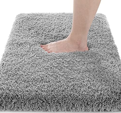 Yimobra Fluffy Plush Bath Rug, Super Shaggy Soft Comfortable Non Slip, Water Absorbent Microfiber Bath Mat, Dries Quickly, Machine Washable Thick Bathroom Rugs for Shower, 44" X 24", Pure Gray