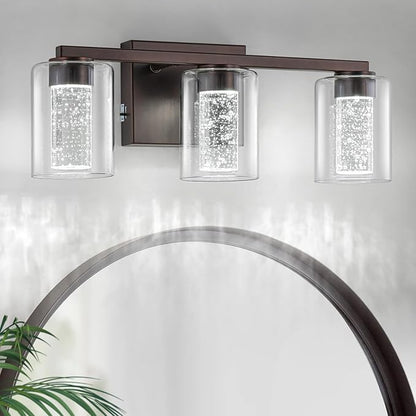 SineRise 3-Light Bronze Vanity Light with 3 Color Modes (3000K/4000K/6000K), Eye Protection LED Bathroom Light Fixture, Dimmable Modern Wall Light Over Mirror with Clear Glass Shade