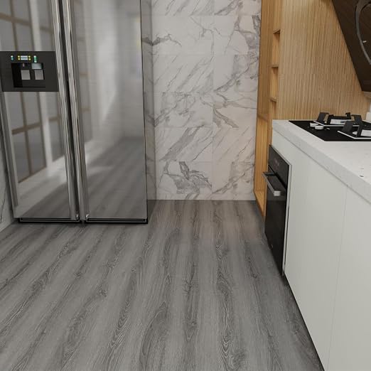 Wood Grain Peel and Stick Floor Tiles, 11.8" W × 394" L, Soft Gray | Soft wood‑look finish, Non‑slip texture, Long rolls reduce seams, Low‑maintenance surface, Budget‑friendly option, Waterproof