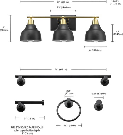 Globe Electric 63000204 5-Piece All-in-One Bathroom Accessory Set, 3-Light Vanity Light, Matte Black & Brass, Towel Bar, Robe Hook, Toilet Paper Holder, Towel Ring, Bath, Bathroom Lights Over Mirror