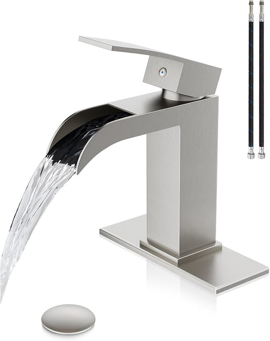 Midanya Waterfall Bathroom Faucet, Single Handle Bathroom Sink Faucet for Sink 1 or 4 Inch 3 Hole, Stainless Steel Vanity Faucets with Deck Plate and Pop up Drain,Brushed Nickel