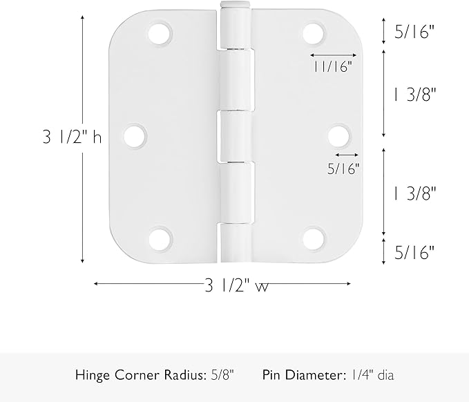 Design House Door Hinge, 3.5 in x 3.5 in, 5/8 in Radius, Interior, Rounded Steel, Removable Pin, Pre-Lubricated, Easy to Install, White Finish, 9 Pack, 189829