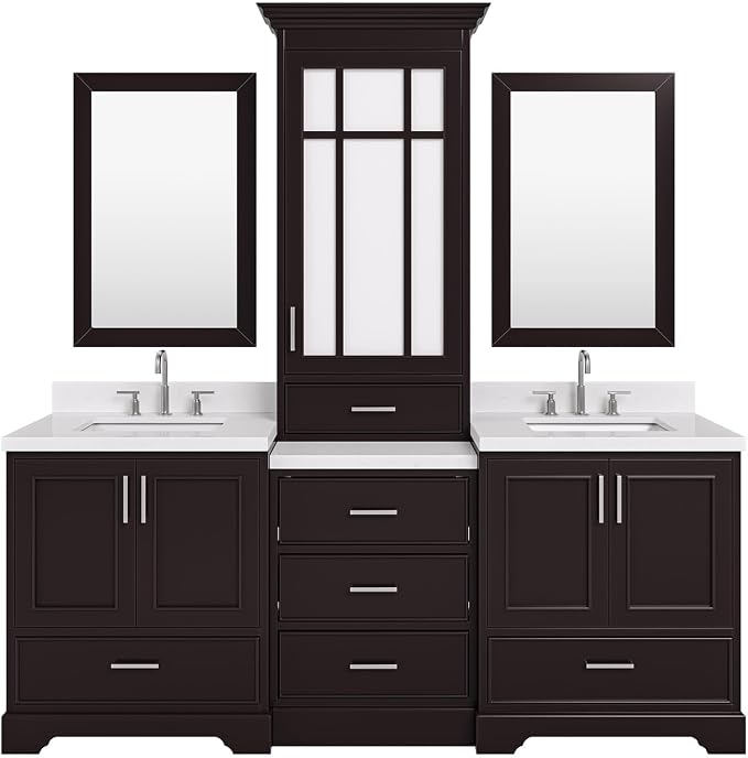 ARIEL Stafford 84-inch Bathroom Vanity with Sink,Solid Wood, 1.5-inch Carrara White Quartz Countertop, Double Rectangular Porcelain Sink, 5 Soft Closing Doors, 6 Dovetail Drawers, Espresso