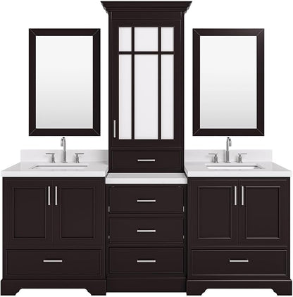 ARIEL Stafford 84-inch Bathroom Vanity with Sink,Solid Wood, 1.5-inch Carrara White Quartz Countertop, Double Rectangular Porcelain Sink, 5 Soft Closing Doors, 6 Dovetail Drawers, Espresso