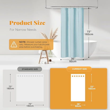 BTTN Stall Fabric Shower Curtain - 36x72 Inch Narrow Linen Textured Heavy Duty Shower Curtain Set with 6 Plastic Hooks, Half Neutral Minimalist Waterproof Modern Shower Curtains for Bathroom, Fog Blue