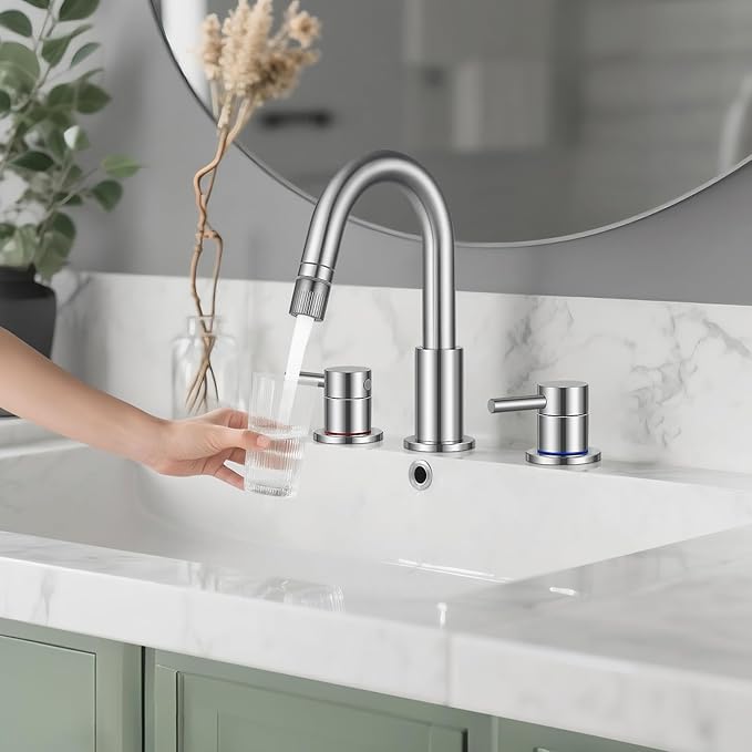 Pull Down Bathroom Faucet for Sink 3 Hole,8 inch Widespread Brushed Nickel Bathroom Sink Faucet with Pop Up Drain, Water Supply Hoses