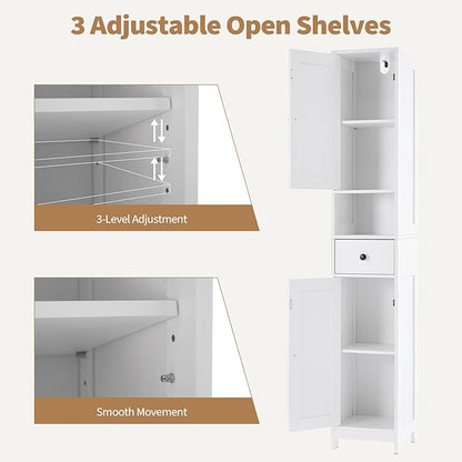 GarveeHome Tall Narrow Bathroom Cabinet, 66.9" Small Skinny Bathroom Storage Cabinet for Small Spaces | Freestanding Water Resistant Organizer for Bathroom, Kitchen, Hallway (1 Drawer, White)