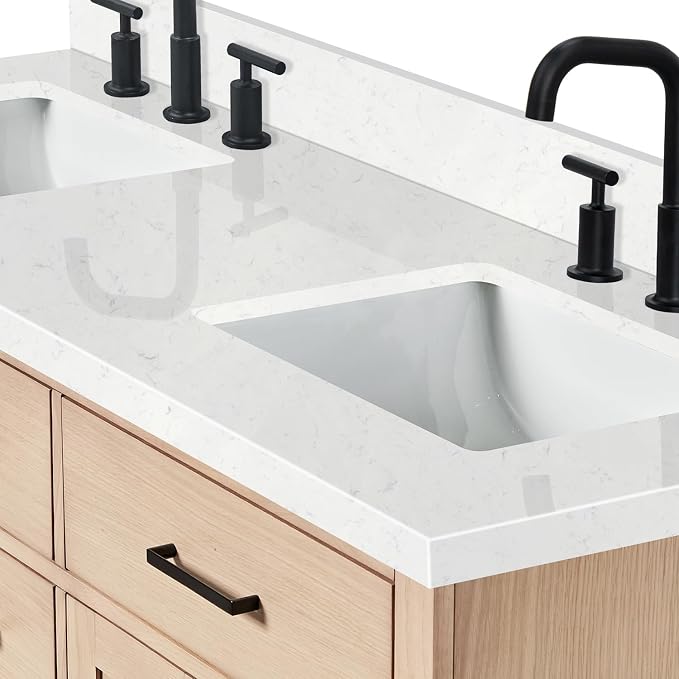 ARIEL Hepburn 60-inch Bathroom Vanity with Sink,Solid Wood, 1.5-inch Carrara White Quartz Countertop, Double Rectangular Porcelain Sink, 4 Soft Closing Doors, 6 Dovetail Drawers, White Oak