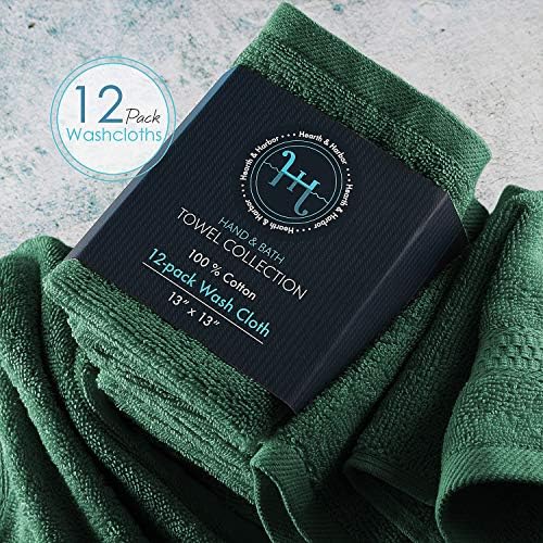 Hearth & Harbor Washcloths 12 Pack - 100% Cotton Washcloth for Body and face, High Absorbent and Soft 13"x13" Body Wash Cloth, Quick Dry - Hunter Green Washcloths