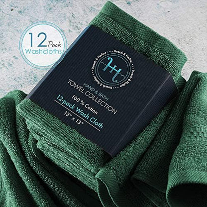 Hearth & Harbor Washcloths 12 Pack - 100% Cotton Washcloth for Body and face, High Absorbent and Soft 13"x13" Body Wash Cloth, Quick Dry - Hunter Green Washcloths