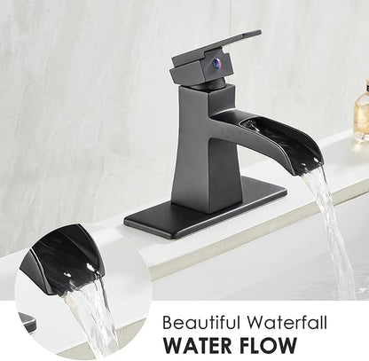 Black Waterfall Bathroom Faucet, One-Handle Bathroom Faucets for Sink 1 or 3 Hole, Matte Black Vanity Faucet, Single Hole Restroom Sink Faucet with Pop Up Drain