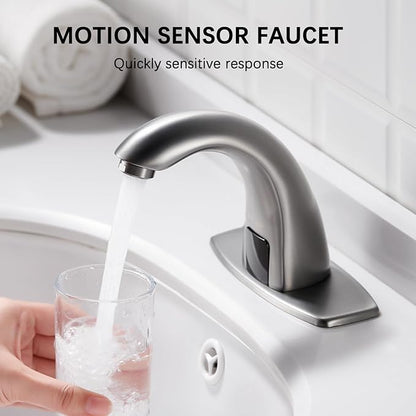 Charmingwater Touchless Bathroom Sink Faucet, Motion Automatic Sensor Faucet with Hole Cover Plate, Brushed Grey
