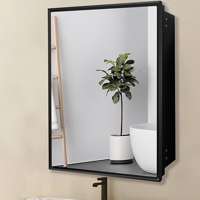 24”x30” Medicine Cabinet with Aluminum Frame,Surface or Recessed Medicine Cabinet Mirror for Bathroom,Bathroom Mirror with Storage,Black