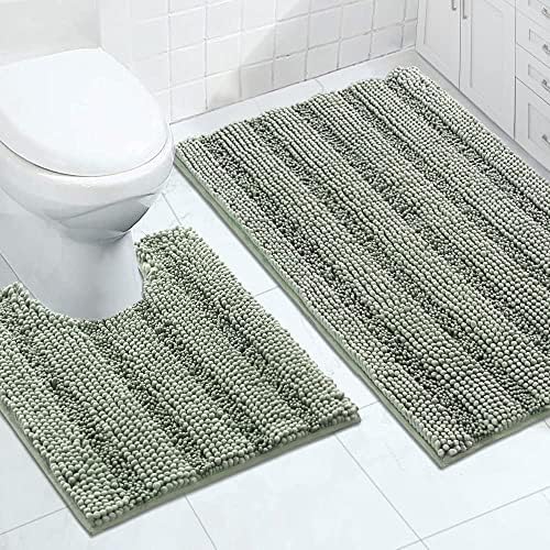 2-Piece Bathroom Rug Set with U-Shaped Mat, Soft Absorbent Chenille, Sage