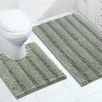 2-Piece Bathroom Rug Set with U-Shaped Mat, Soft Absorbent Chenille, Sage