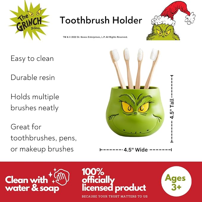 Dr. Seuss The Grinch Holiday Christmas Toothbrush Holder - Makeup Brushes/Pens Tumbler, (Officially Licensed Product) by Franco