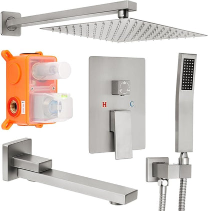 Brushed Nickel Square Rainfall Shower Head Set with Handheld & Faucet, 10" | Wall Mounted Bathroom Shower Faucet, 10 Inch Square Head, With Shower Valve, Rustproof Brushed Nickel, High Pressure Raindrop